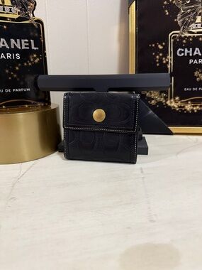 Coach Black Leather Signature Stitched Wallet with Gold Snap Closures